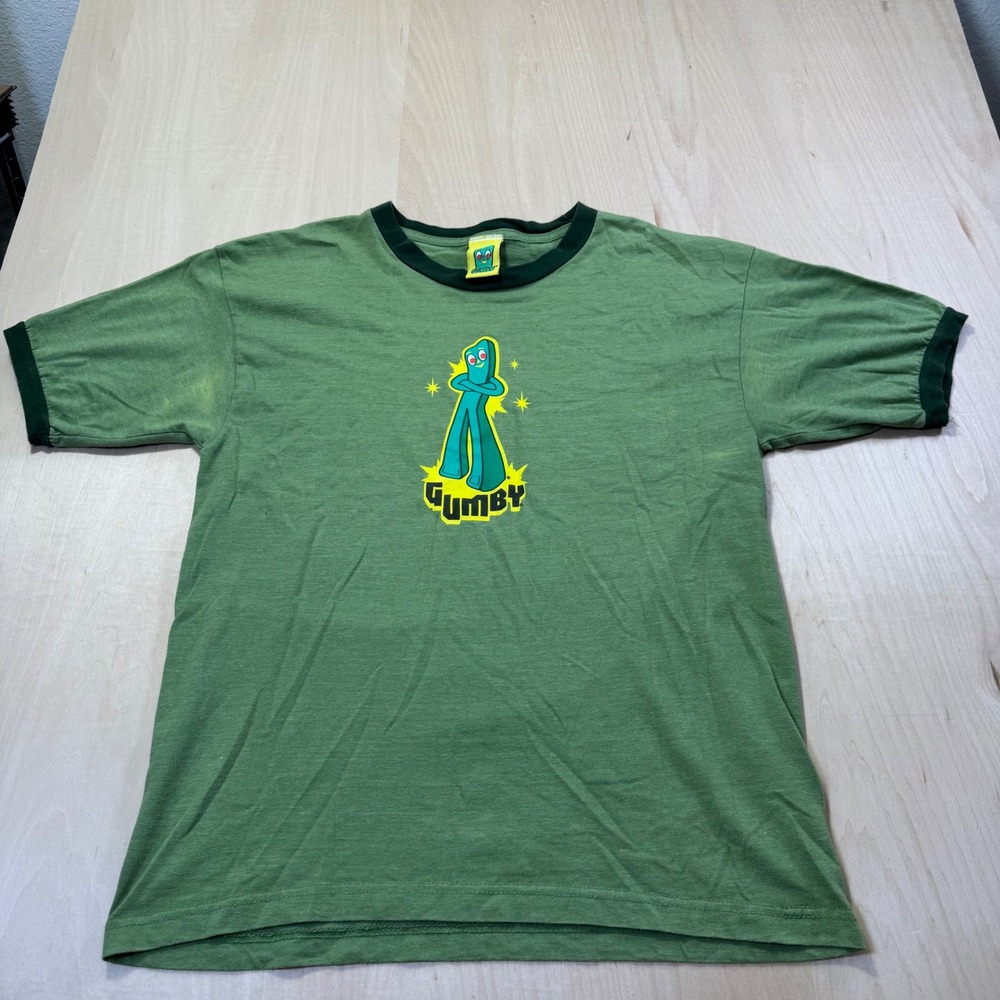 Vintage Gumby Ringer 2004 T Shirt Green Graphic Print Short Sleeve Men Size M‎